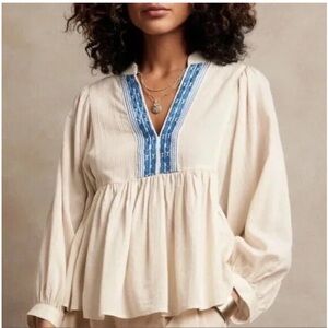 Banana Republic Cream Peasant Blouse with Blue Embroidery